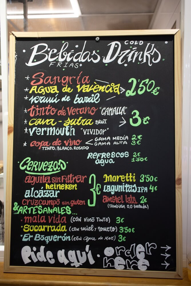Basic Spanish travel phrases: a drinks menu on a blackboard