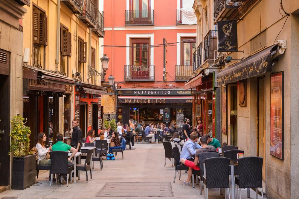 Street of bars with terraces in Madrid