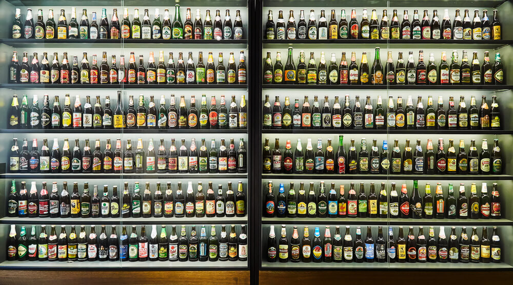 Beer bottles on display at the Prague Beer Museum