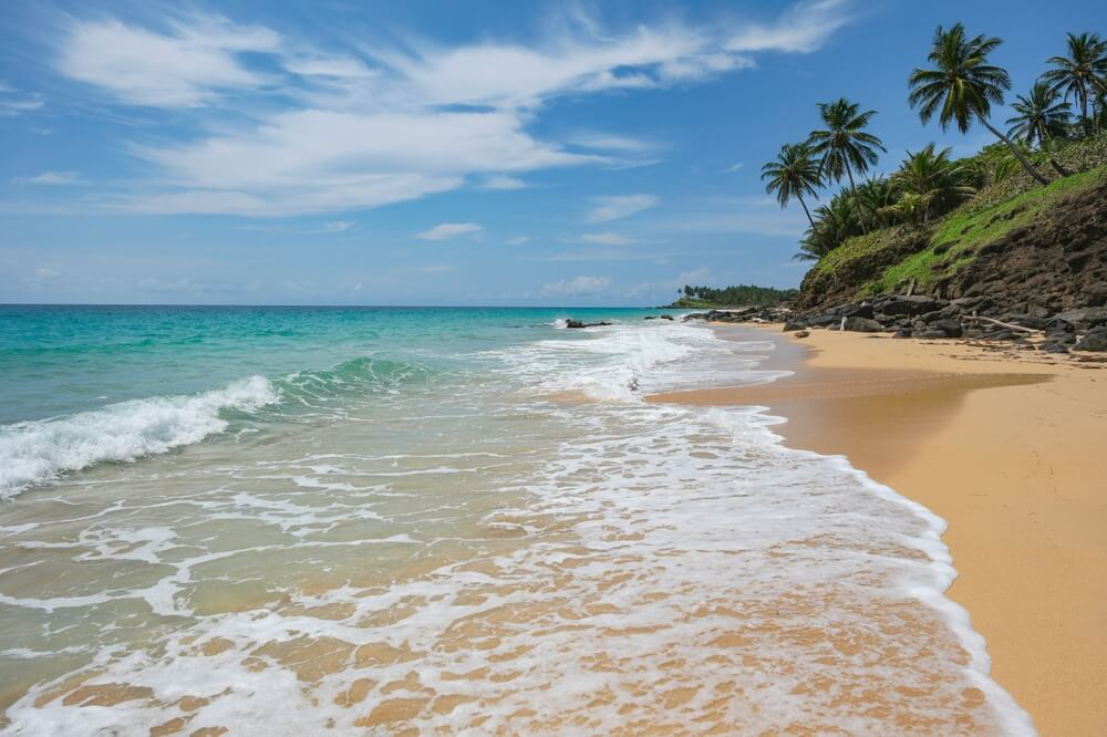 Turquoise waters, light yellow sand, and lush vegetation on Corn Island beach