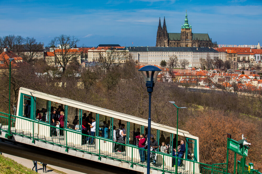 Families ride the funicular against the Prague skyline