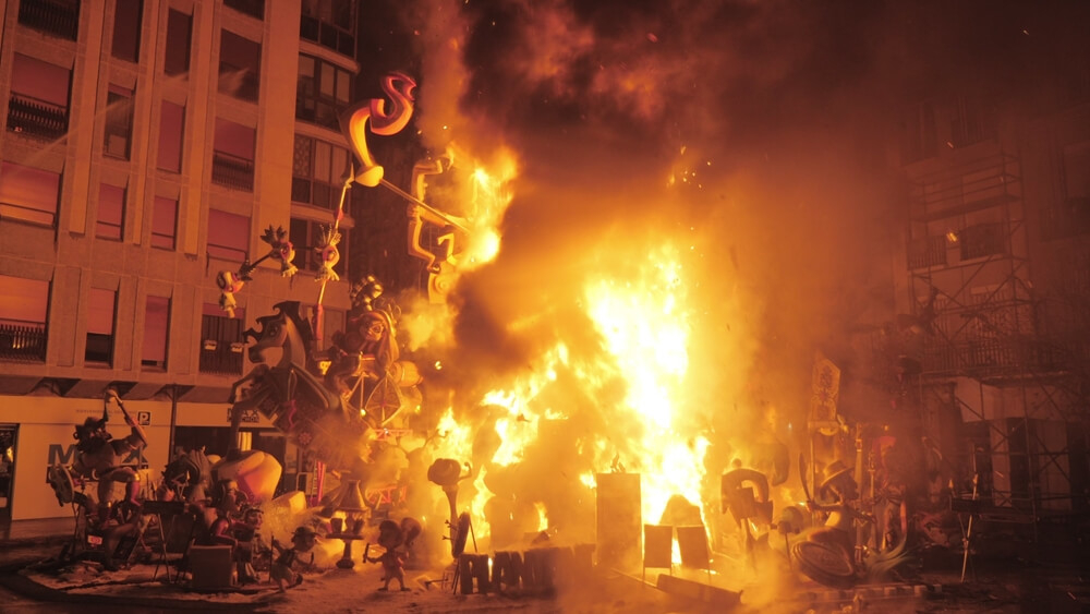 Las Fallas: sculptures burn at night during the Valencian festival