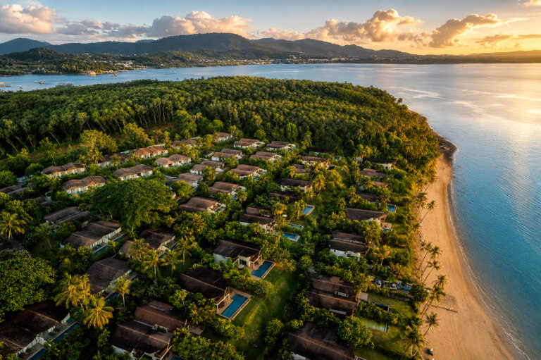 Birds-eye view of the lush Coconut Island landscape, great for hushpitality vacations
