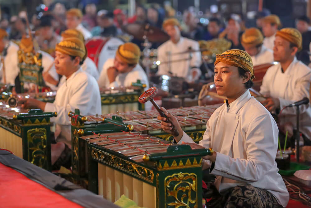 Indonesian culture: a gamelan orchestra playing metallophones