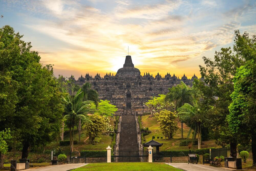 An avenue of trees leading to the Buddhist temple of Borobudur
