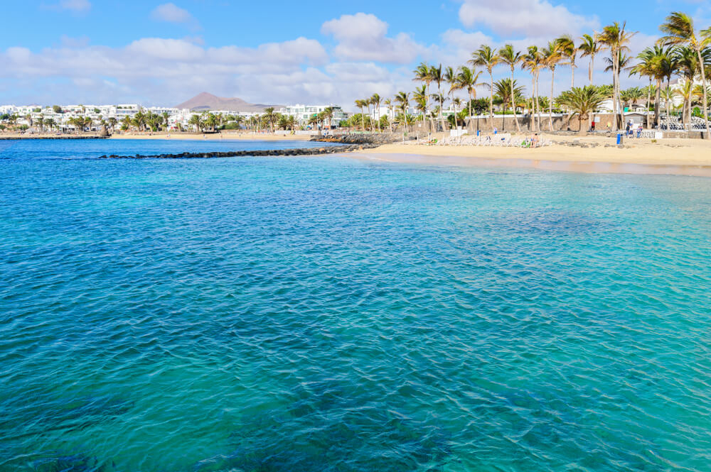 Palmen und türkisblaues Wasser am Playa de las Cucharas in Costa Teguise.