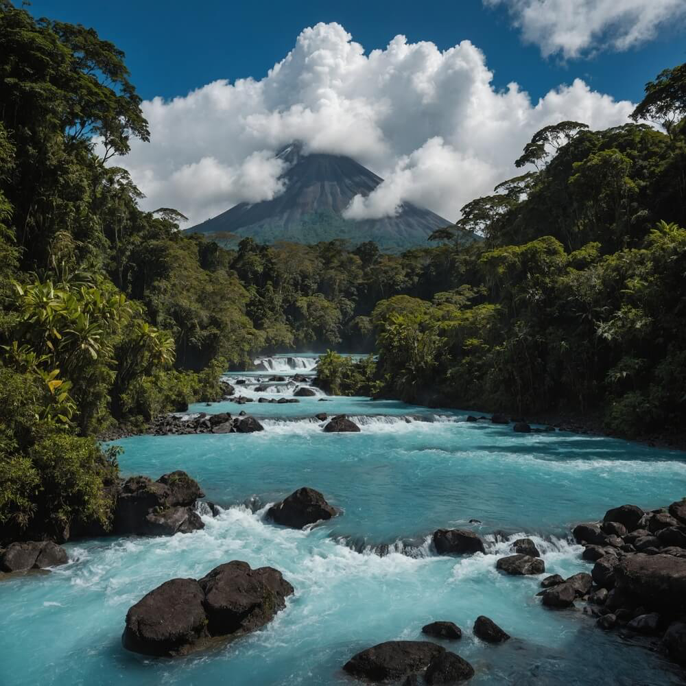 Vibrant blue Río Celeste runs downstream with Tenorio volcano in the background.