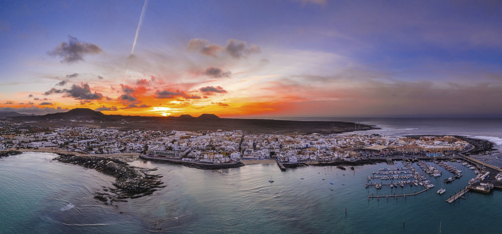 Nightlife in Fuerteventura: an aerial view of Corralejo at sunset