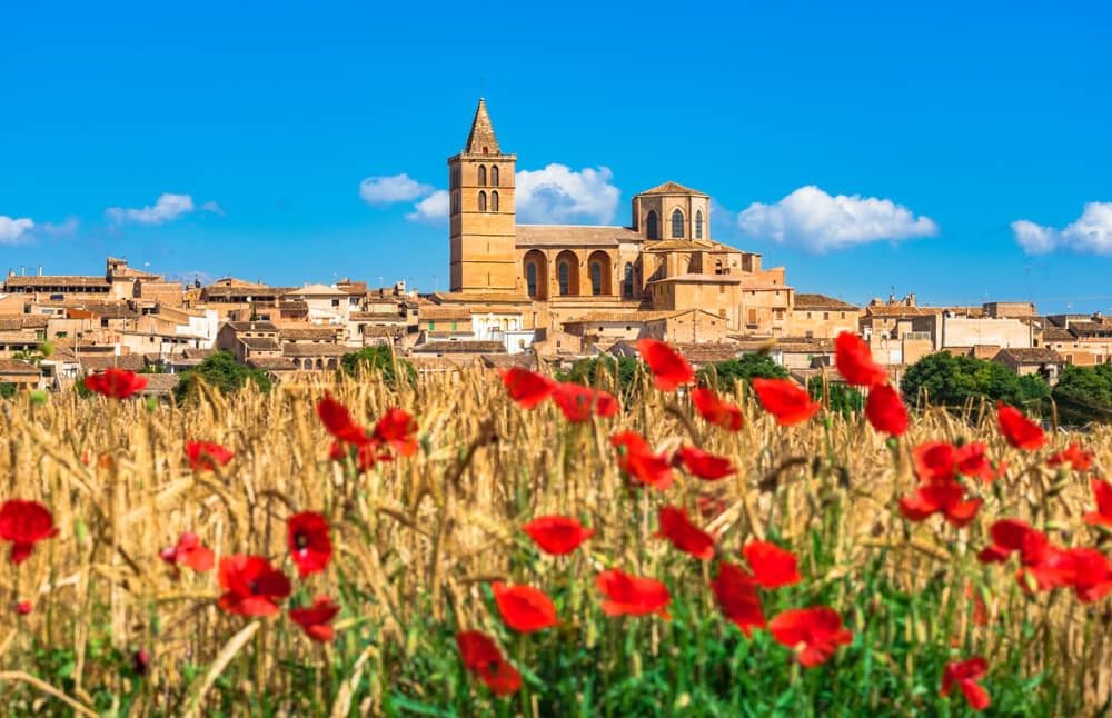 The sandstone skyline of Sineu, with a field of corn and poppies in the foreground