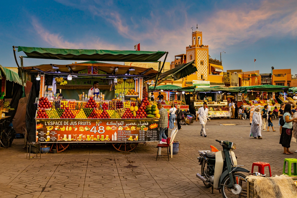 A market stall selling fruit juices in downtown Marrakech