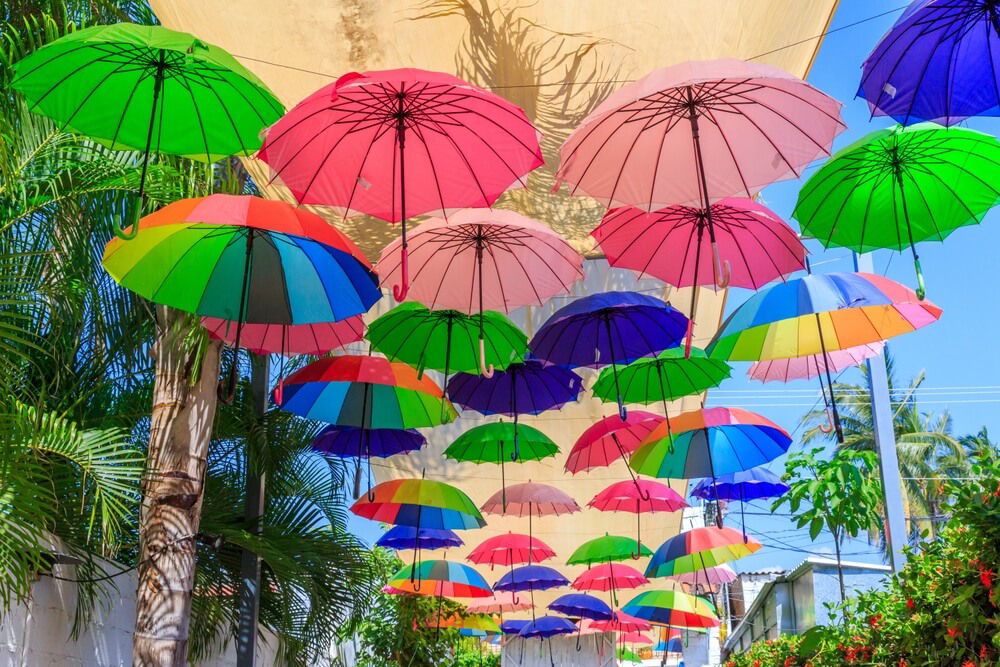 Umbrella art hanging on the streets of Bucerías, Riviera Nayarit