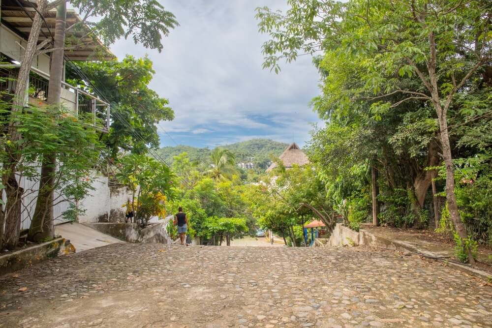 Kopfsteingepflasterte Straße mit vielen Bäumen in San Pancho (San Francisco), Riviera Nayarit.