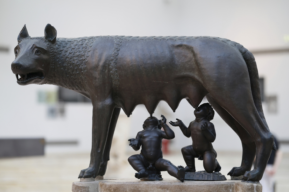 A close-up of the bronze sculpture of the Capitoline Wolf