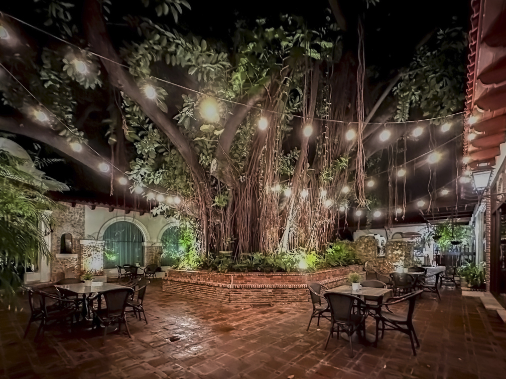Beleuchteter Patio mit einem riesigen Baum im Zentrum im Hotel El Embajador in Santo Domingo.