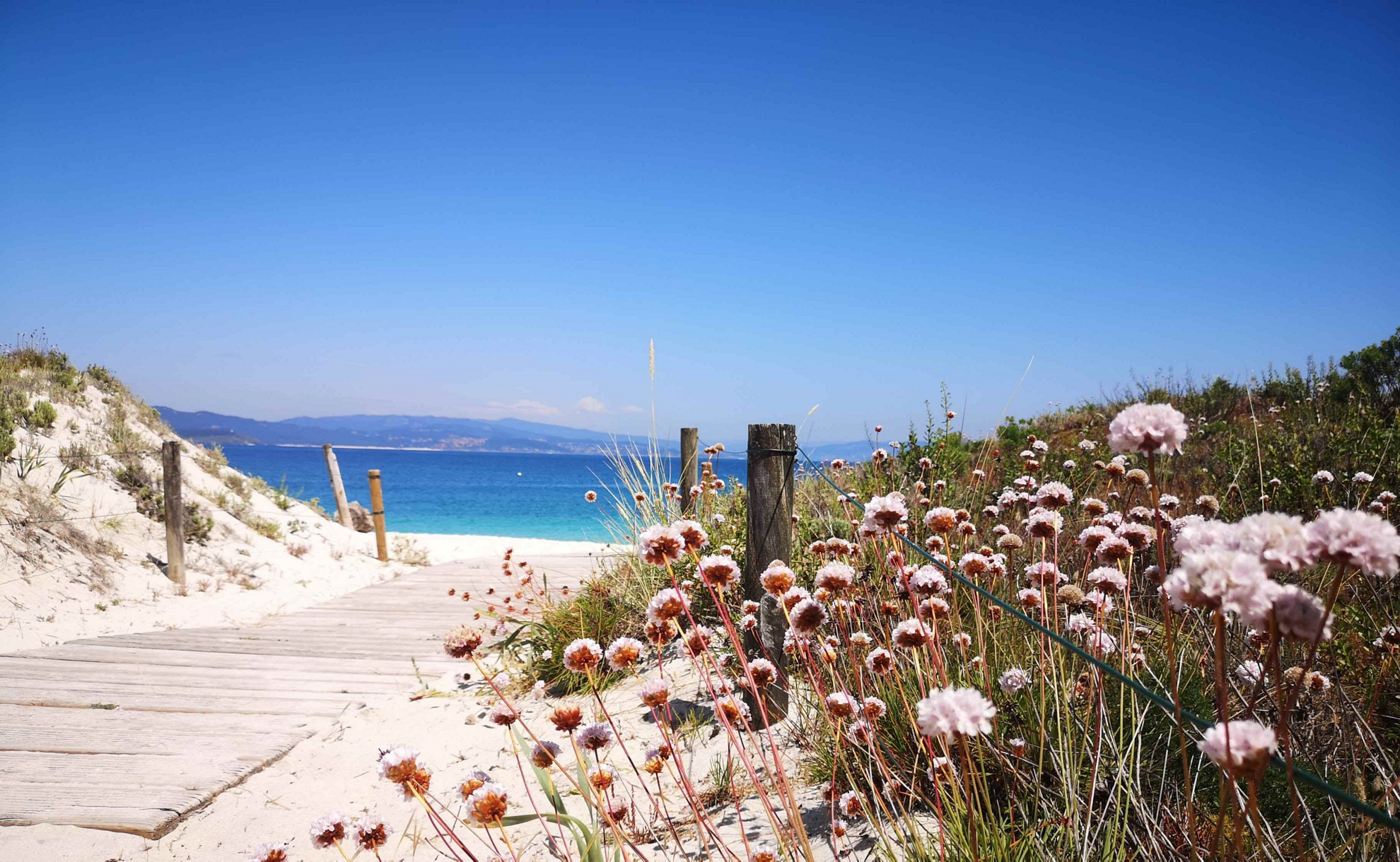 Zugang zu einem Strand auf den Cíes-Inseln bei Vigo, Galicien