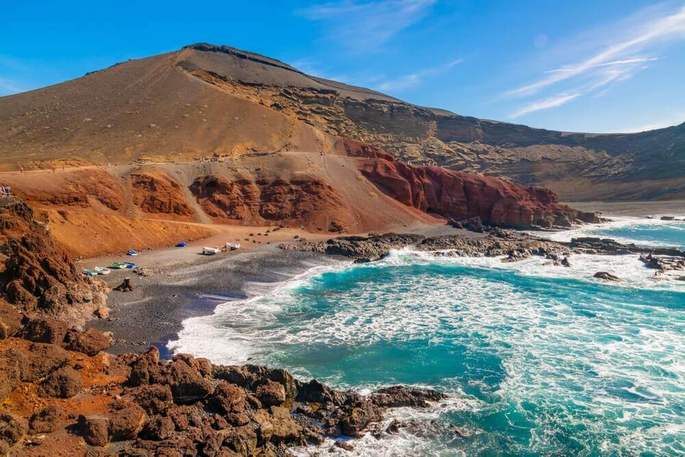 The red earth and blue seas of a Lanzarote beach
