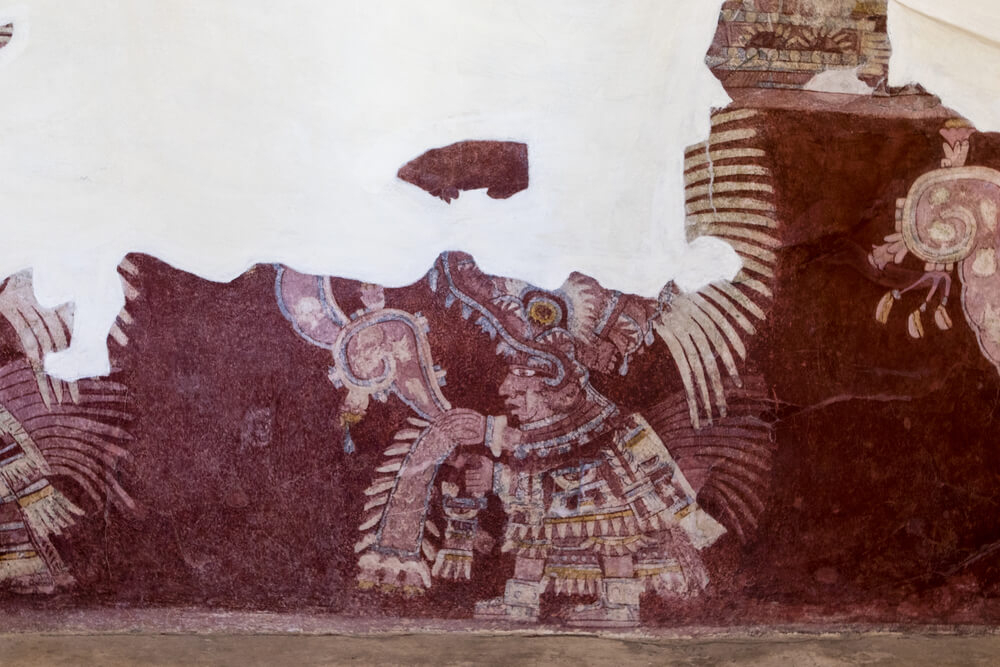 Wandmalerei in der archäologischen Stätte von Tepantitla, Mexiko.