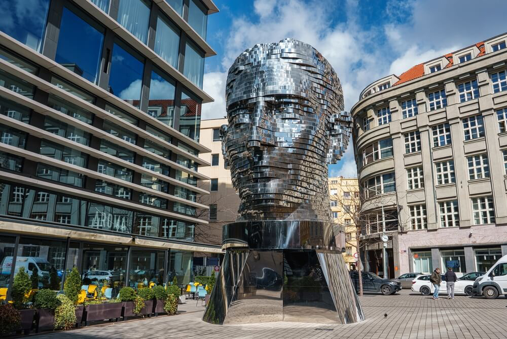 Prague: A close-up of the Franz Kafka statue created by David Cerny