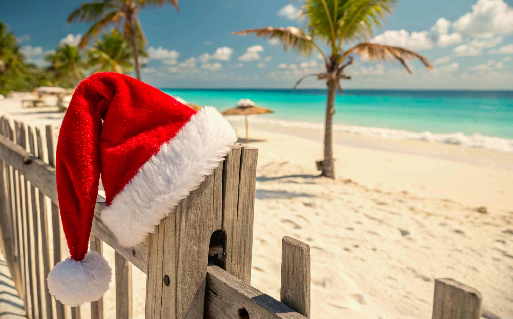          Weihnachten in der Karibik: Zipfelmütze auf einem Holzzaun am Palmenstrand mit türkisfarbenem Meer