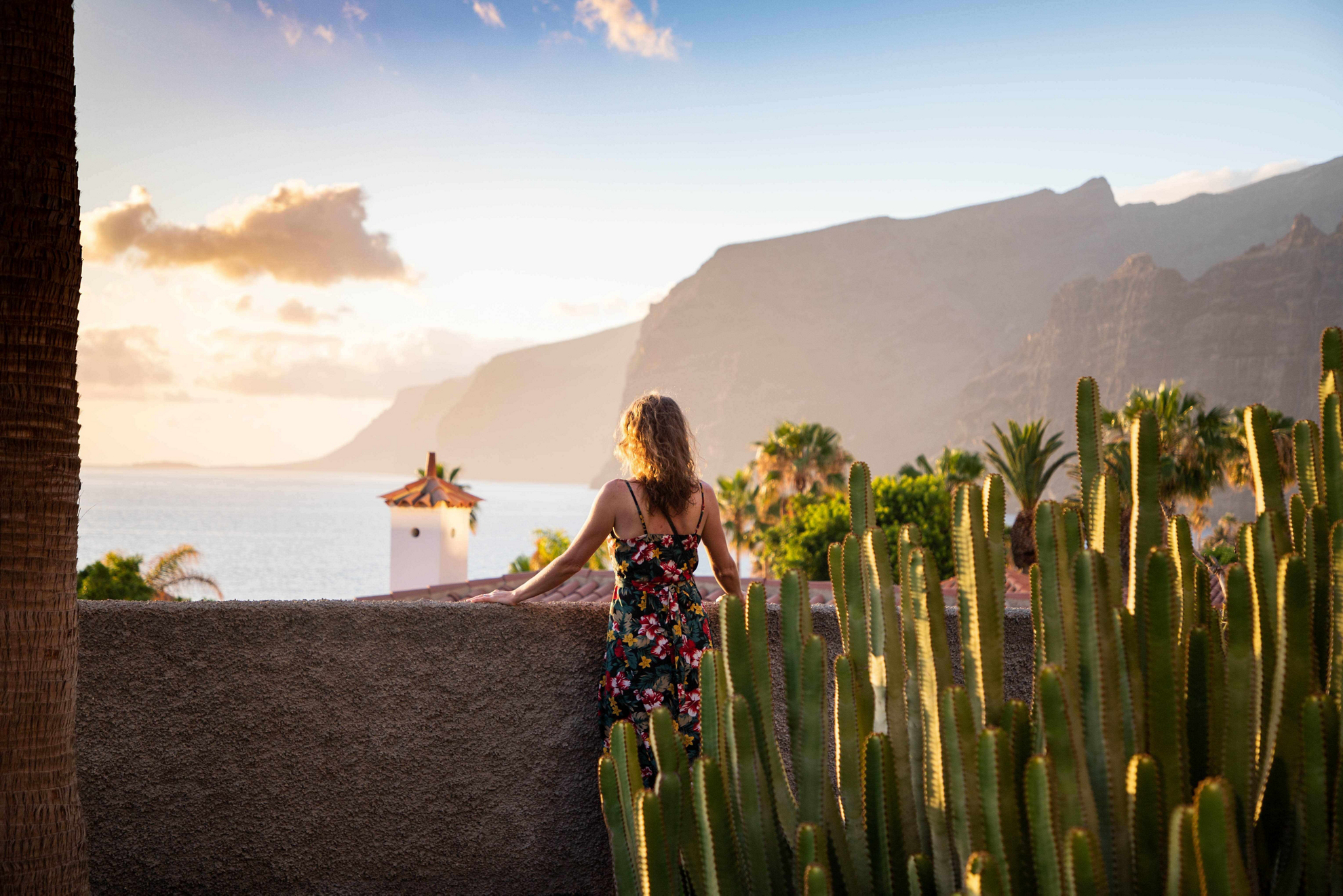 Which Canary Island is the best: a woman surveys cliffs and the ocean framed by succulents and palms