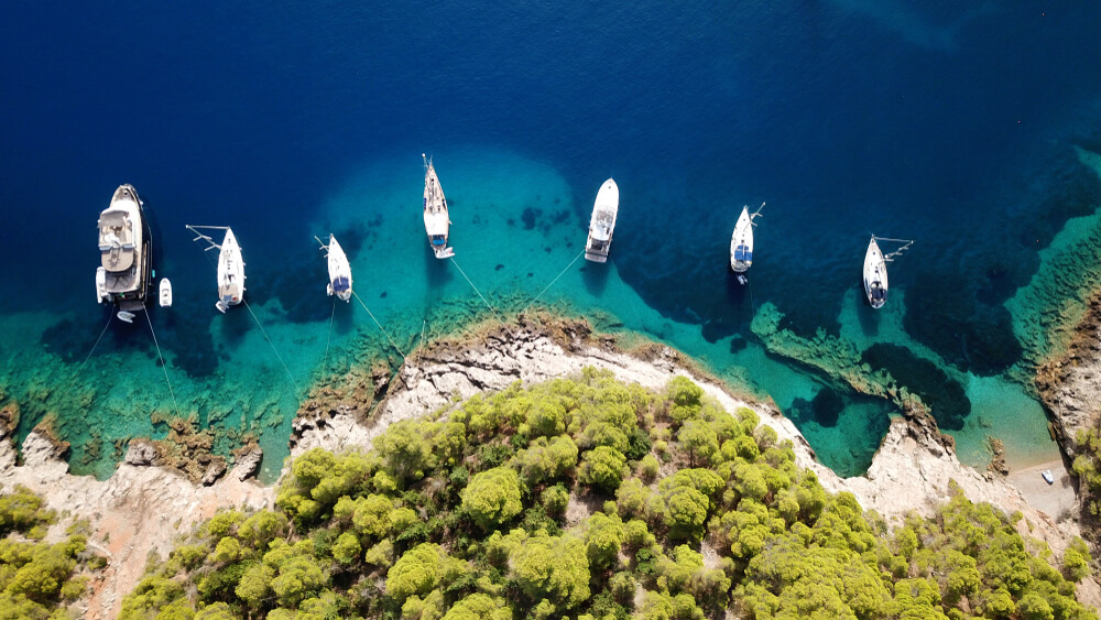 Boat trips in Mallorca: A super yacht and smaller boats in a harbour