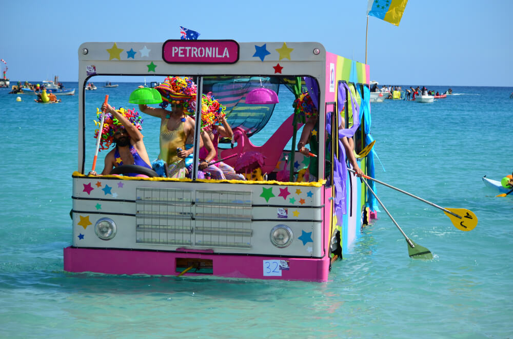 Fuerteventura: A brightly coloured car-style carnival float in the sea