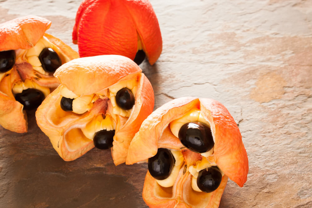 Ackee: Three open ackee fruits on a stone surface
