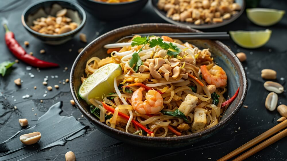 Pad Thai: A bowl of noodles with prawns and peanuts