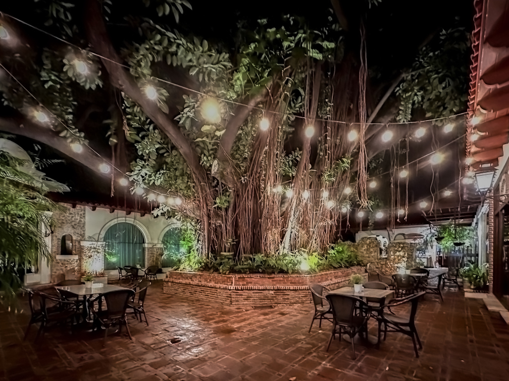 Beleuchteter Patio mit einem riesigen Baum im Zentrum im Hotel El Embajador in Santo Domingo.