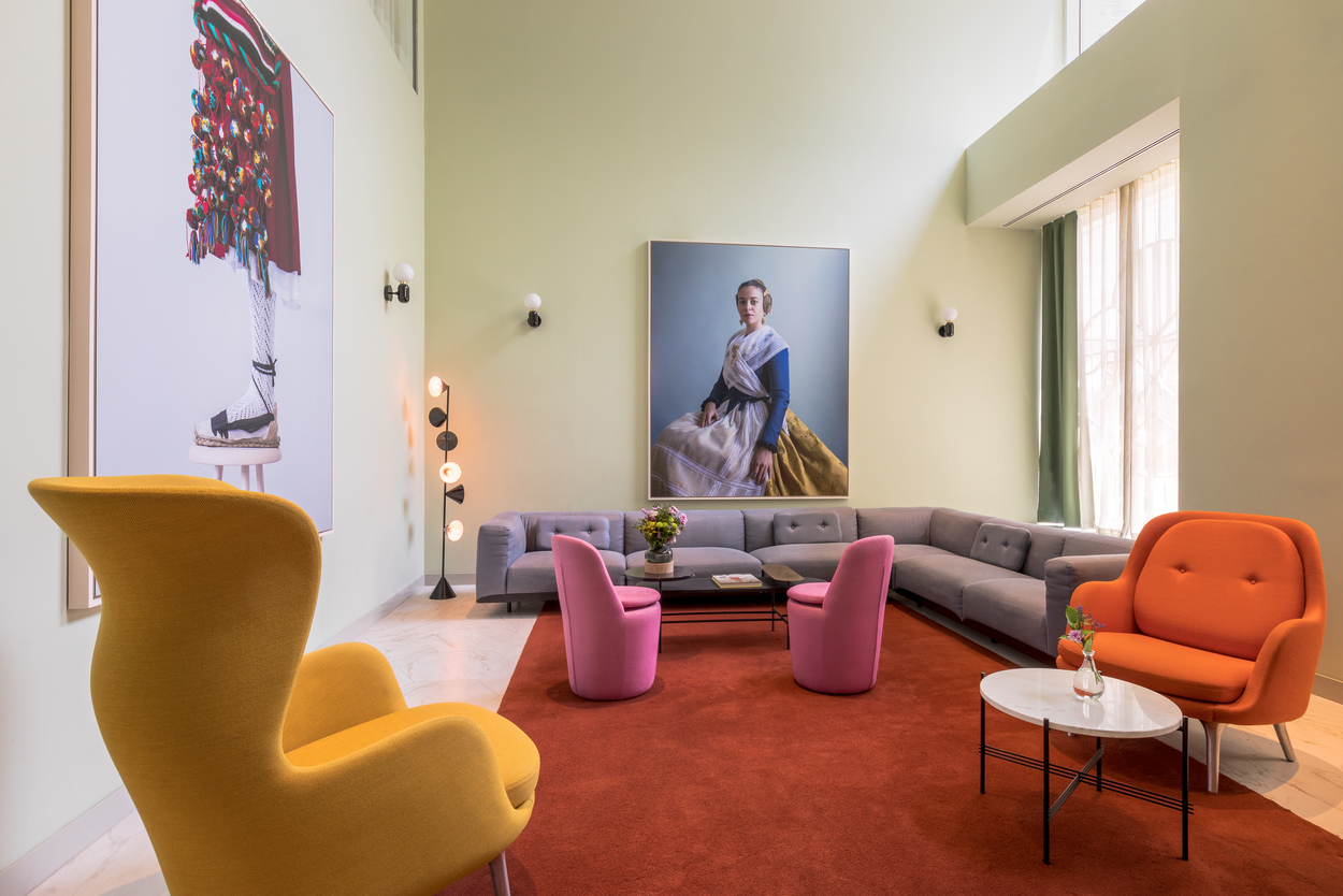 Inside the lobby of the Barceló Torre de Madrid hotel