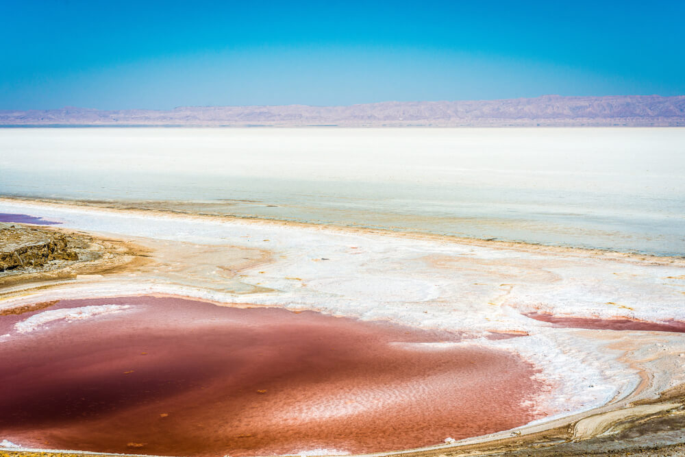 Chott el Djerid: A white sandy landscape with a pink lake 